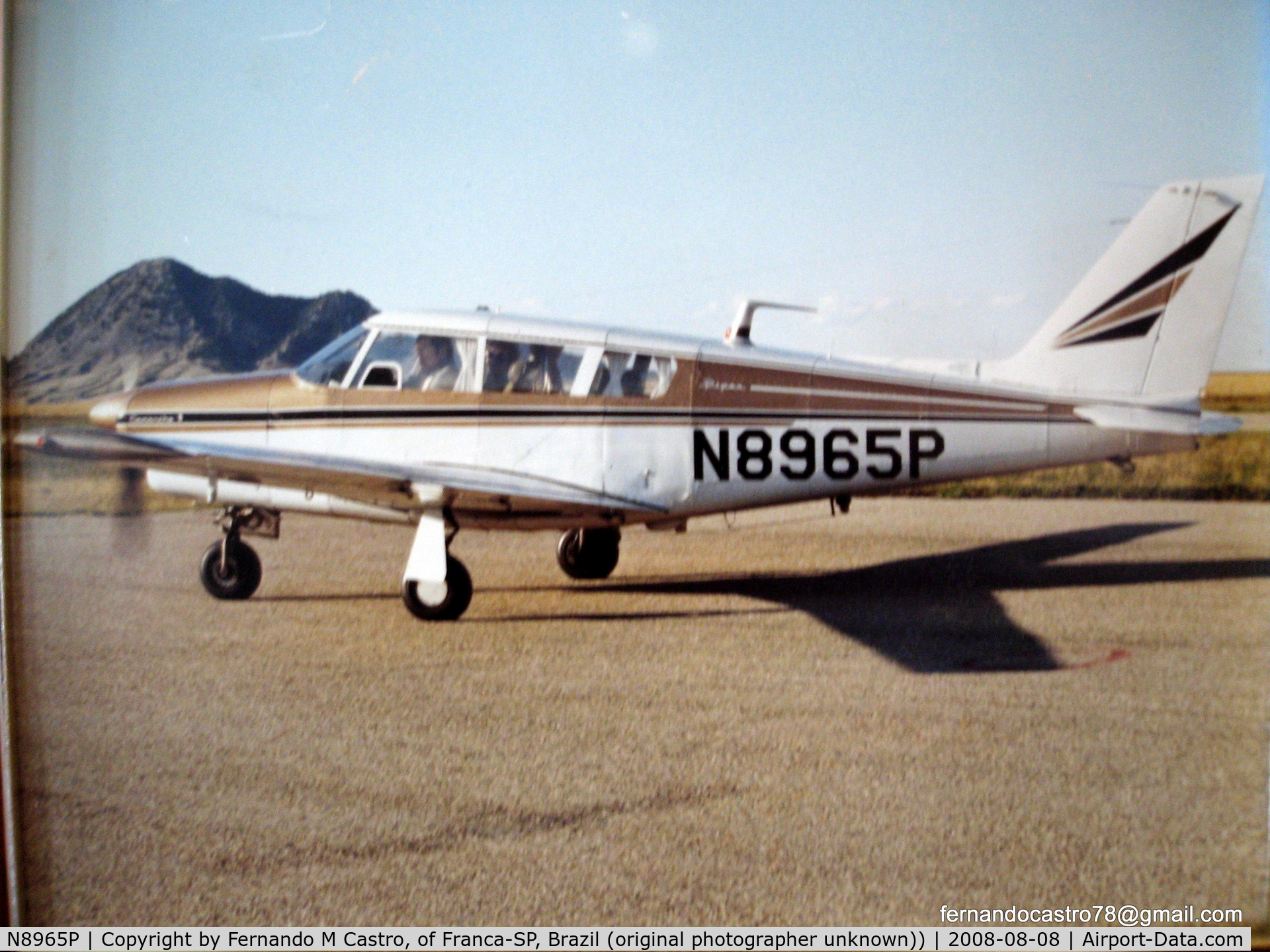 N8965P, 1966 Piper PA-24-260 C/N 24-4422, Aircraft belonged to Mr Willis Laraway of New Ulm, MN in the 80's. I was a foreign exchange student form Brazil living with the Laraways in 77-78. Photo taken 8-8-2008 from an existing picture from Mr. Laraway, at his Longlake, MN cabin.