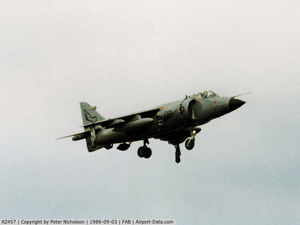 XZ457, 1979 British Aerospace Sea Harrier FRS.1 C/N 41H-912011, Sea Harrier FRS.1 of 899 Squadron at RNAS Yeovilton in the hover at the 1986 Farnborough Airshow.
