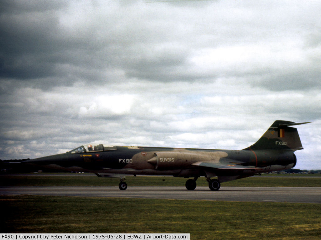 FX90, Lockheed F-104G Starfighter C/N 683-9154, F-104G Starfighter of 1 Wing Belgian Air Force Slivers aerobatic display team taxying at the 1975 RAF Alconbury Airshow.