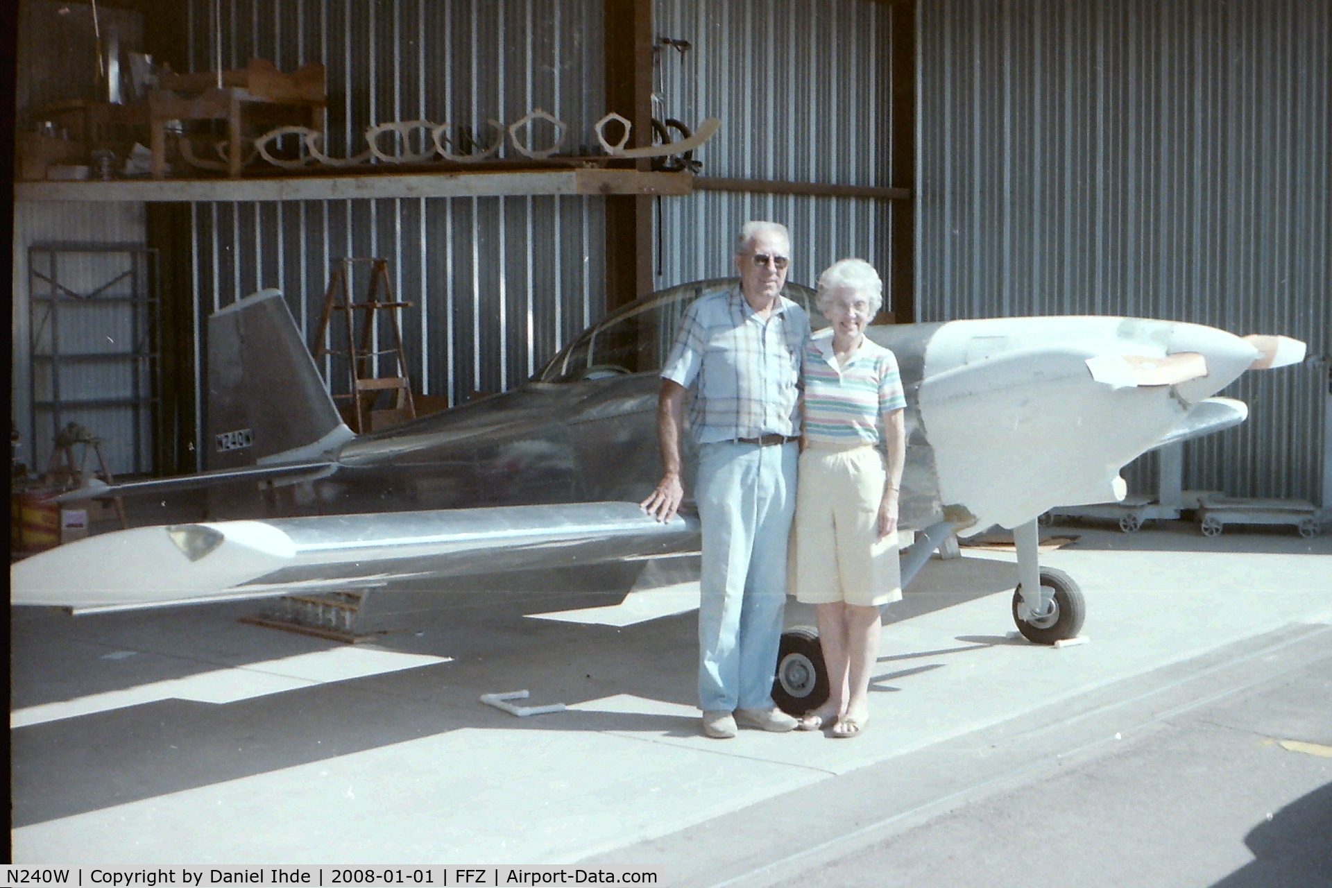 N240W, Vans RV-4 C/N 24, Glenn and Norma Jean Welsh at their Falcon Field hangar with their nearly completed Vans RV4 in the spring of 1988