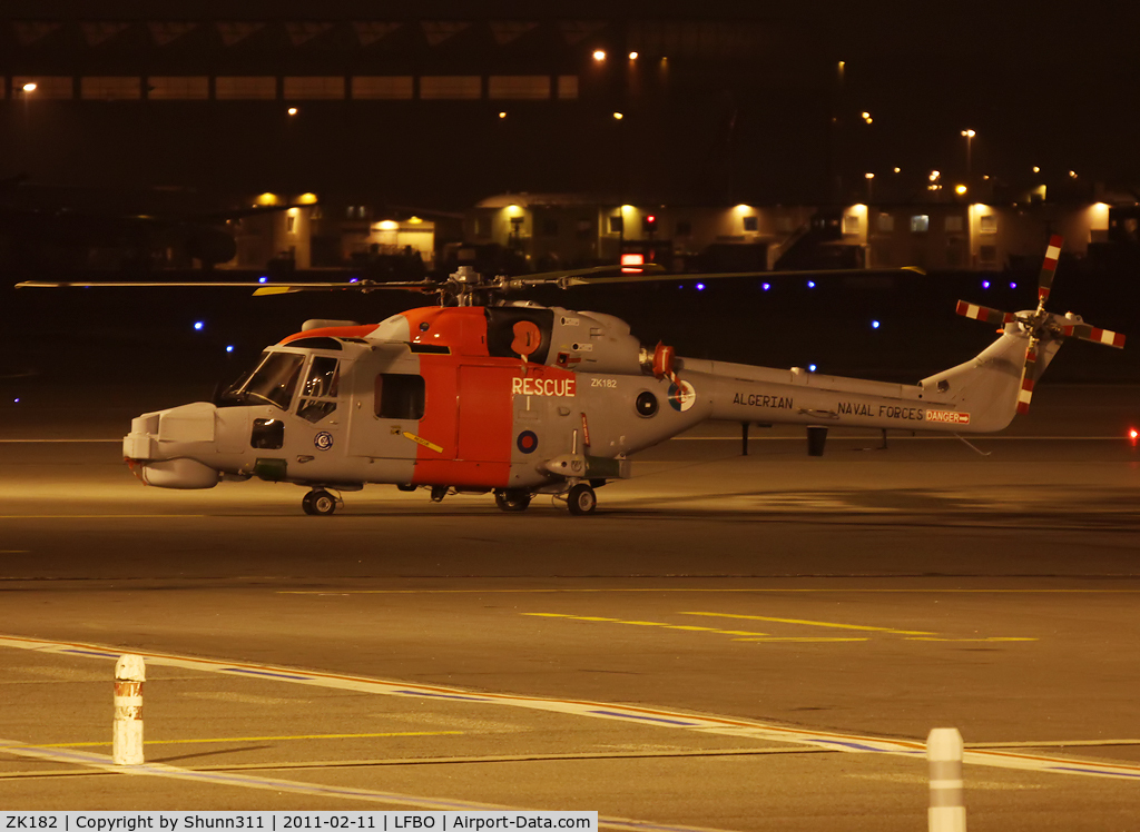 ZK182, 2010 Westland Super Lynx Mk.130 C/N 466, Parked at the Cargo apron... Ferry flight between United Kingdom and Algeria with night stop à LFBO :)
