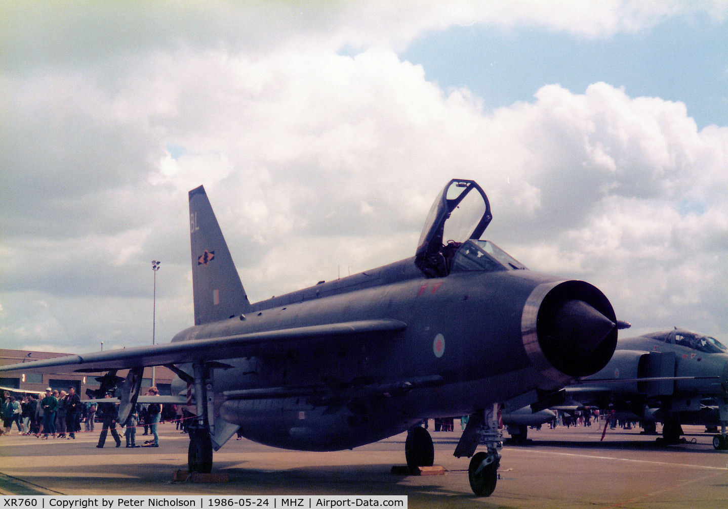 XR760, 1965 English Electric Lightning F.6 C/N 95225, Another view of the 11 Squadron Lightning F.6 from RAF Binbrook on display at the 1986 RAF Mildenhall Air Fete.