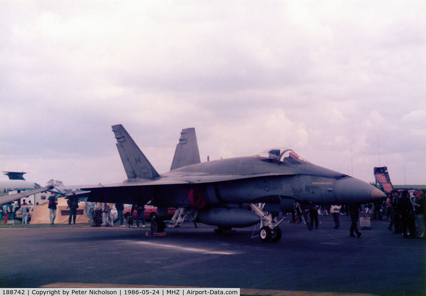 188742, McDonnell Douglas CF-188A Hornet C/N 0301, CF-18A Hornet of 439 Squadron 1 Canadian Air Group based at Baden Sollingen on display at the 1986 RAF Mildenhall Air Fete.