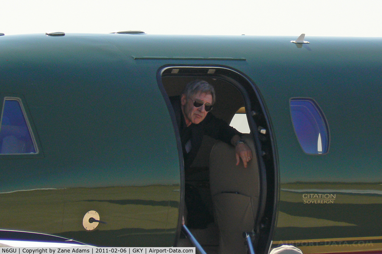 N6GU, 2009 Cessna 680 Citation Sovereign C/N 680-0268, Actor Harrison Ford arrives at Arlington Municipal for Super Bowl XLV in his Cessna Sovereign.