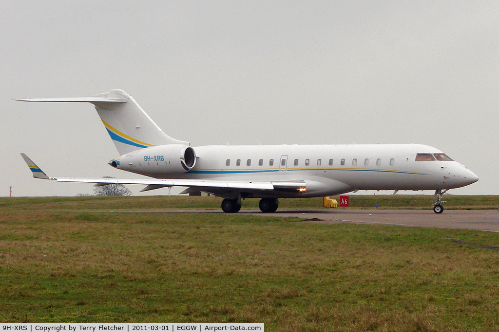 9H-XRS, 2008 Bombardier BD-700-1A10 Global Express C/N 9329, Comlux's  Global Express taxying for departure from Luton