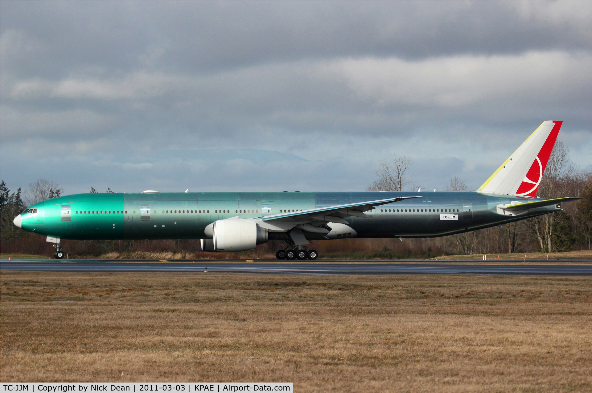TC-JJM, 2011 Boeing 777-3F2/ER C/N 40794, KPAE Boeing 134 completes the high speed prior to departing 16R on first flight.