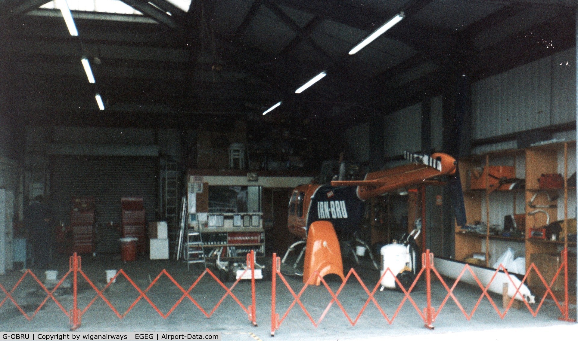 G-OBRU, 1974 Bell 206B JetRanger II C/N 1376, in the hanger, having a bit of work done.