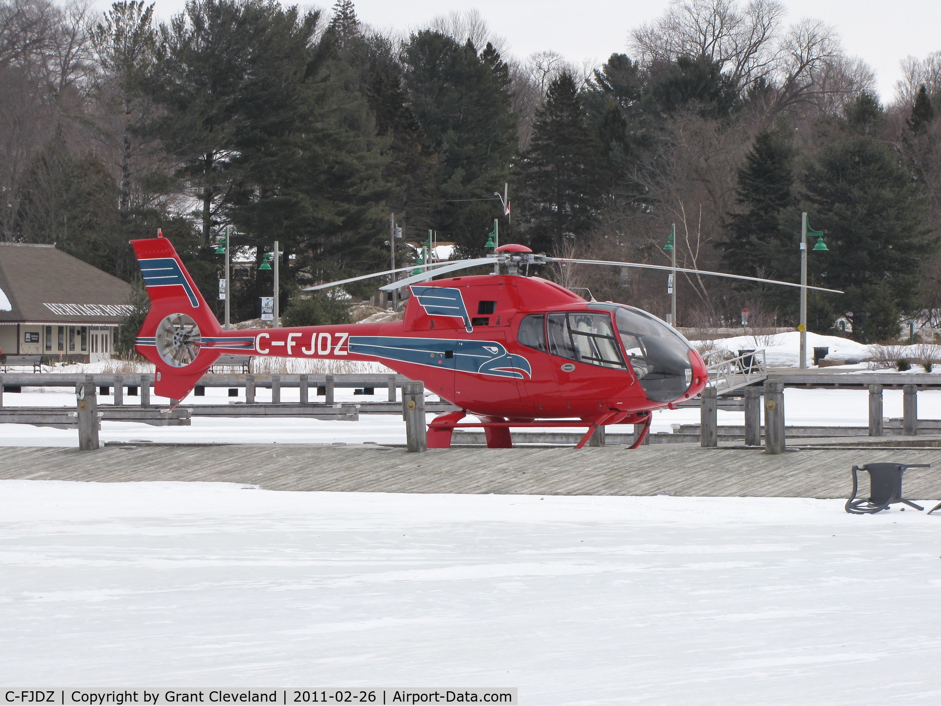 C-FJDZ, 1998 Eurocopter EC-120B Colibri C/N 1002, Eurocopter EC120B landed on frozen docks in Muskoka Bay, Lake Muskoka.