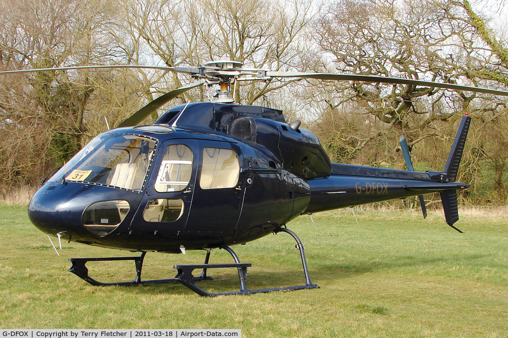 G-DFOX, 1982 Aerospatiale AS-355F-1 Twin Squirrel C/N 5203, A visitor to Cheltenham Racecourse on 2011 Gold Cup Day