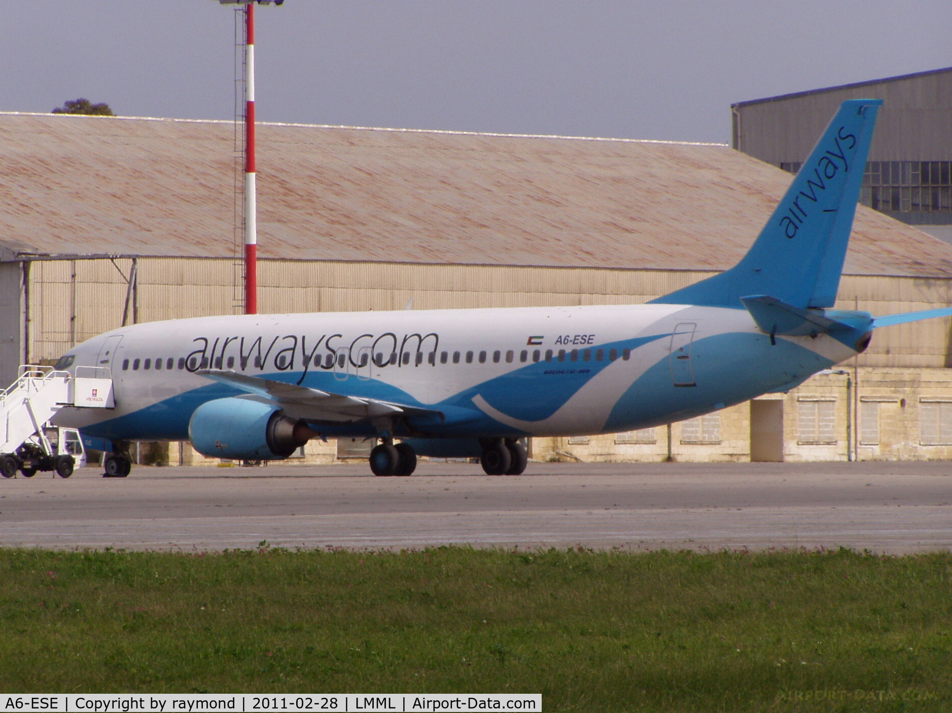 A6-ESE, 1994 Boeing 737-46J C/N 27213, B737 A6-ESE of RAK Airways seen parked in Malta during the Libyan conflict.