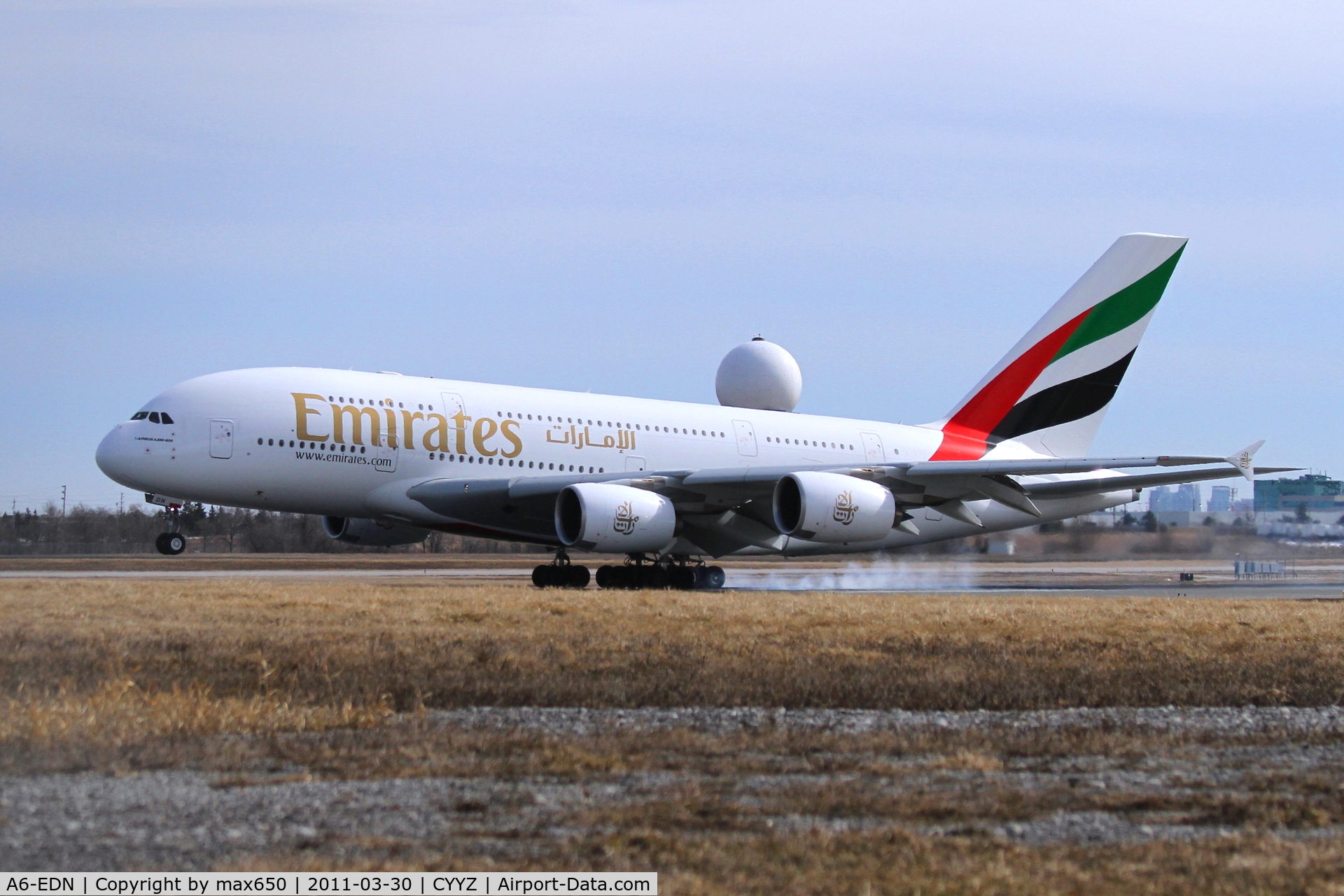A6-EDN, 2010 Airbus A380-861 C/N 056, Touchdown! Emirates A380 landing at RWY5, Toronto.