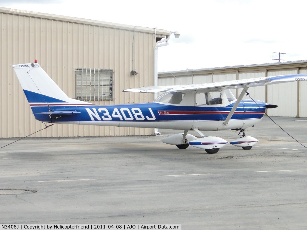 N3408J, 1967 Cessna 150G C/N 15066108, Parked and tied down by hanger