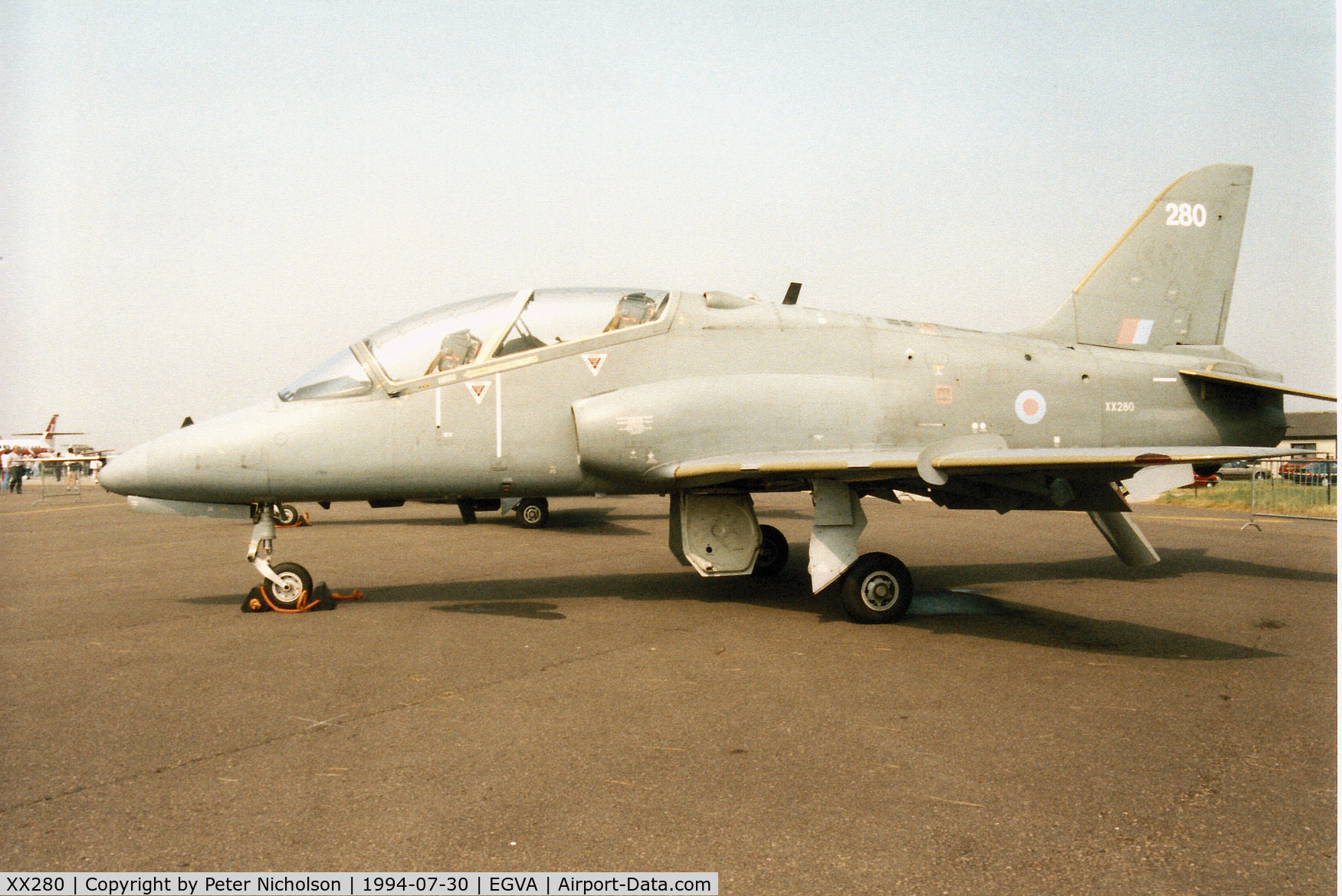 XX280, 1979 Hawker Siddeley Hawk T.1A C/N 105/312105, Hawk T.1A, callsign Skylark 2, of 6 Flying Training School on display at the 1994 Intnl Air Tattoo at RAF Fairford.
