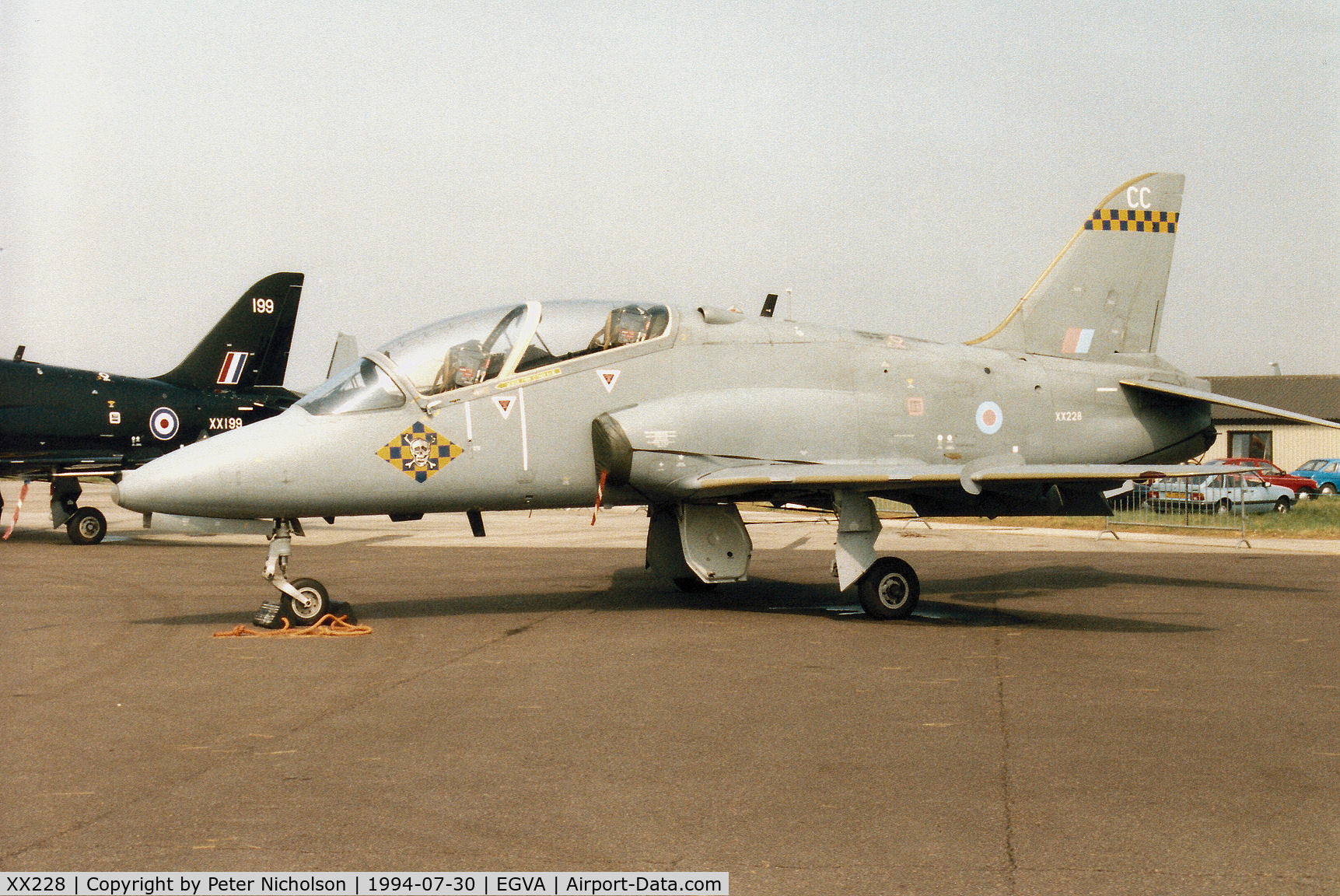 XX228, 1978 Hawker Siddeley Hawk T.1 C/N 064/312064, Hawk T.1A of 100 Squadron at RAF Leeming on display at the 1994 Intnl Air Tattoo at RAF Fairford.