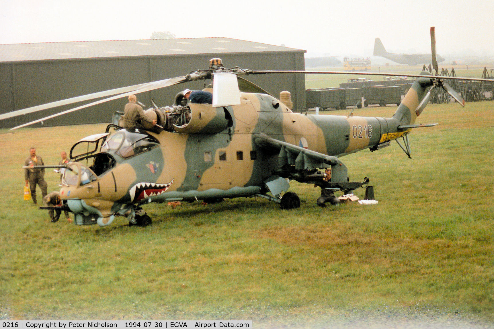 0216, Mil Mi-24D Hind D C/N 340216, Mil-24D Hind helicopter gunship of the Czech Air Force on display at the 1994 International Air Tattoo at RAF Fairford.