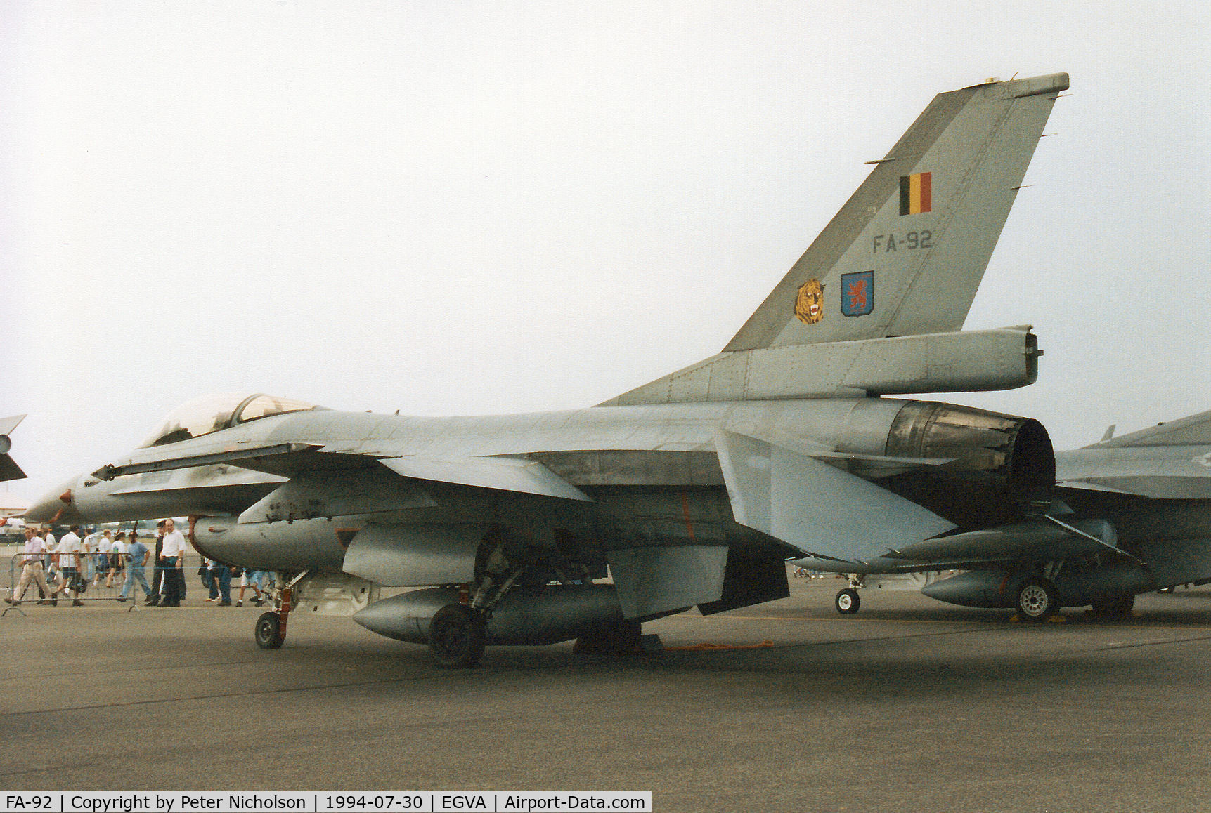 FA-92, 1980 SABCA F-16AM Fighting Falcon C/N 6H-92, F-16A Falcon, callsign Belgian Air Force 431, of 31 Squadron on display at the 1994 Intnl Air Tattoo at RAF Fairford.