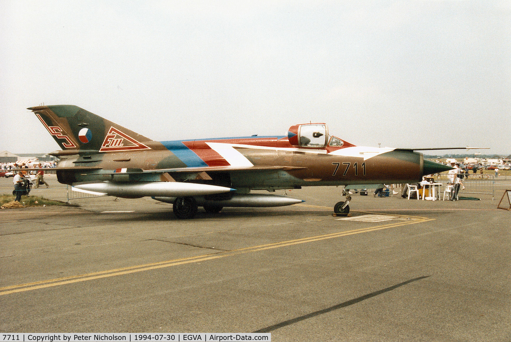 7711, Mikoyan-Gurevich MiG-21MF C/N 967711, MiG-21MF Fishbed of 11 SLP Czech Air Force on display at the 1994 Intnl Air Tattoo at RAF Fairford.