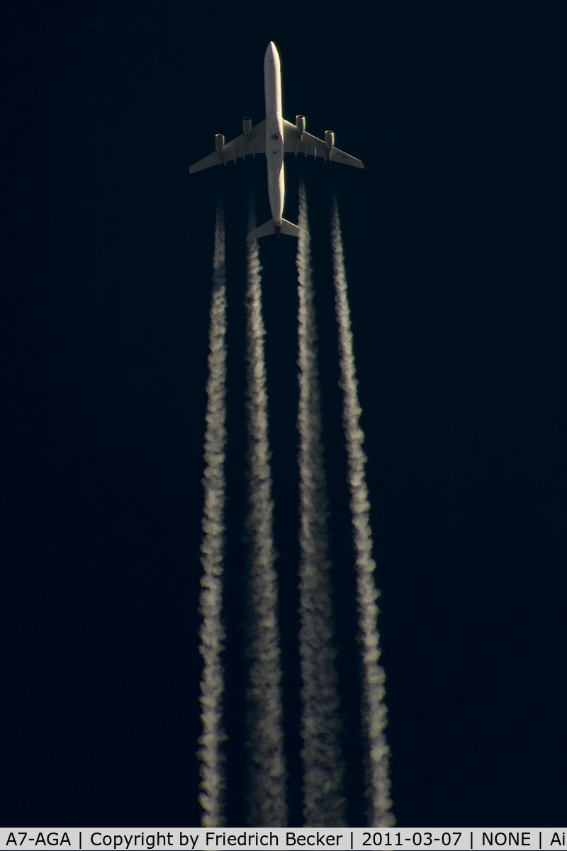 A7-AGA, 2006 Airbus A340-642 C/N 740, cruising westbound