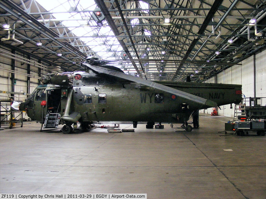 ZF119, 1986 Westland Sea King HC.4 C/N WA966, inside 848 NAS, Commando training unit flight hangar