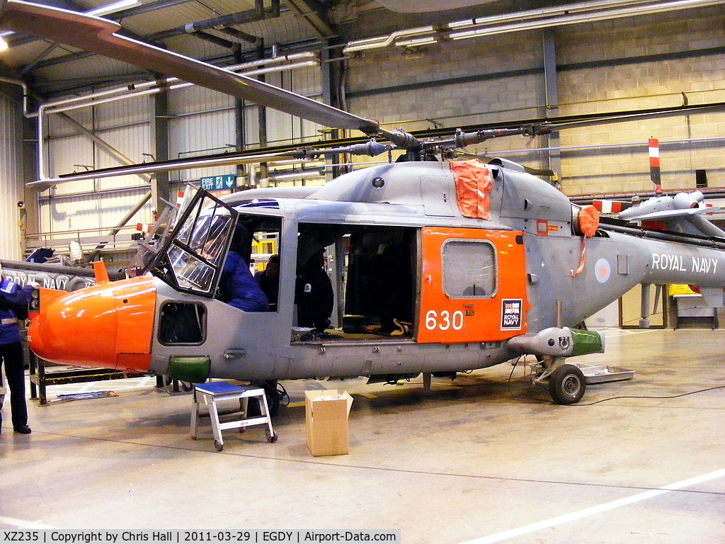 XZ235, 1977 Westland Lynx HAS.3S(ICE) C/N 016, inside Hangar 6 - Lynx heavy maintenance unit, 'HMS Endurance' on nose