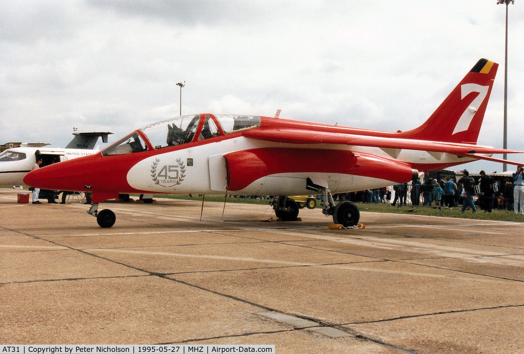 AT31, Dassault-Dornier Alpha Jet 1B C/N B31/1142, Belgian Air Force Alpha Jet of 9 Wing in 45th Anniversary markings on display at the 1995 RAF Mildenhall Air Fete.