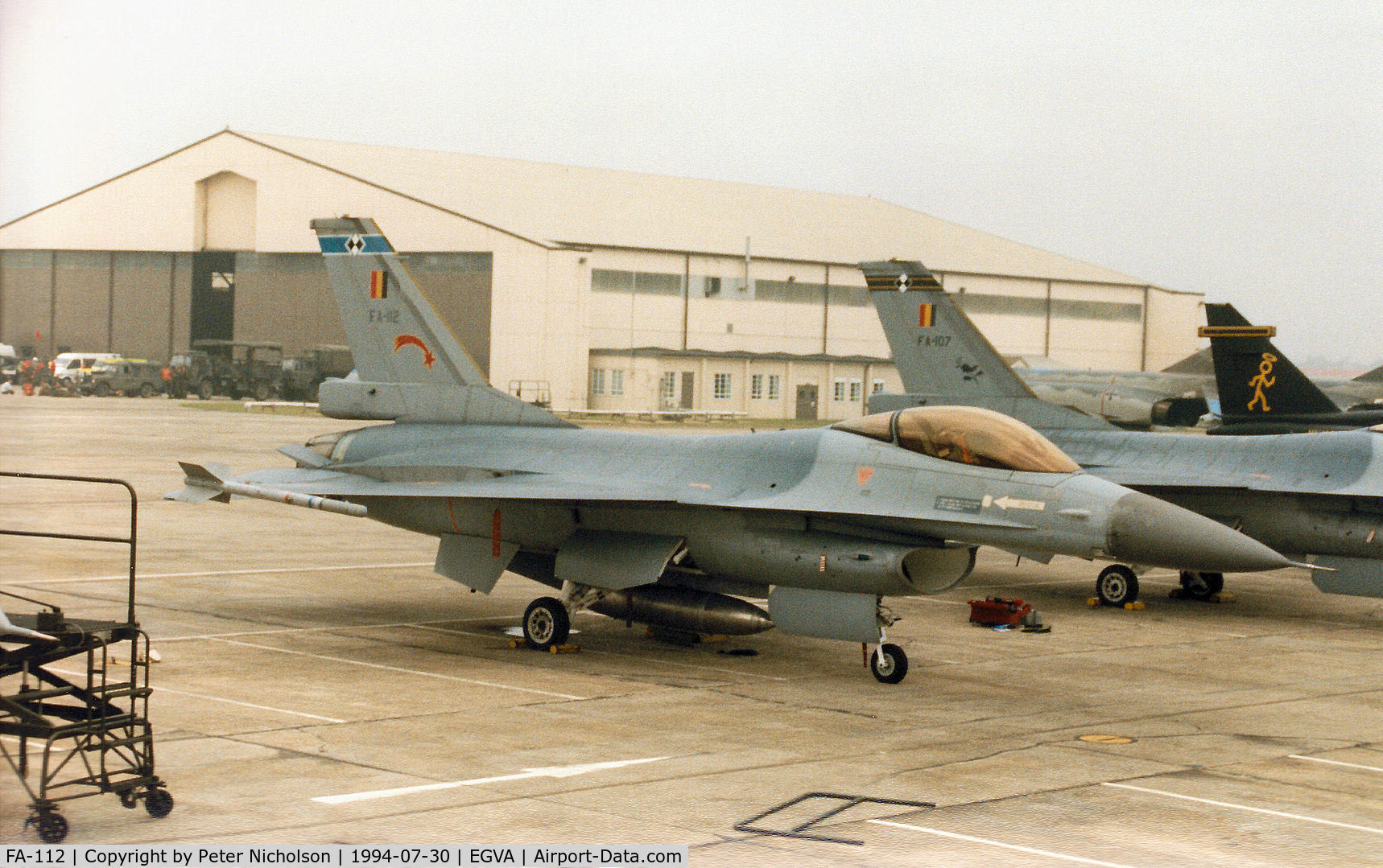 FA-112, 1989 SABCA F-16AM Fighting Falcon C/N 6H-112, F-16A Falcon, callsign Viper, of 1 Squadron of the 2nd Wing Belgian Air Force on the flight-line at the 1994 Intnl Air Tattoo at RAF Fairford.