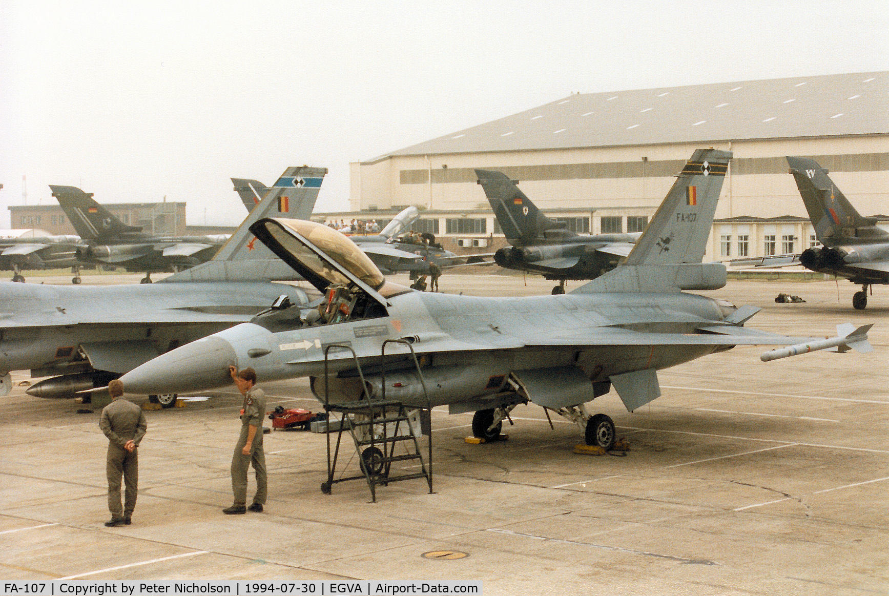 FA-107, 1980 SABCA F-16AM Fighting Falcon C/N 6H-107, F-16A Falcon, callsign Viper, of the Belgian Air Force's 1 Squadron/2nd Wing on the flight-line at the 1994 Intnl Air Tattoo at RAF Fairford.
