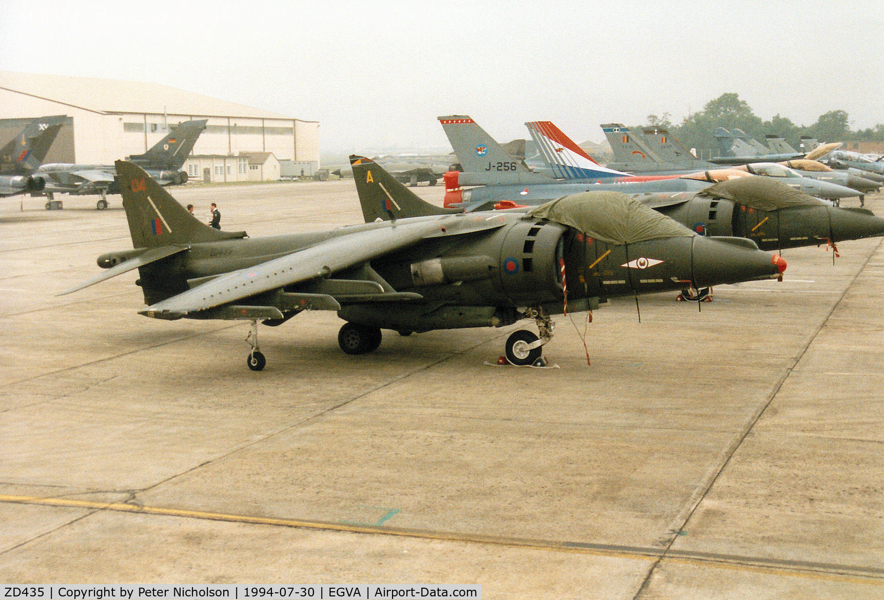 ZD435, 1989 British Aerospace Harrier GR.7 C/N P47, Harrier GR.7, callsign Wildcat 1, of 1 Squadron at RAF Wittering on the flight-line at the 1994 Intnl Air Tattoo at RAF Fairford.