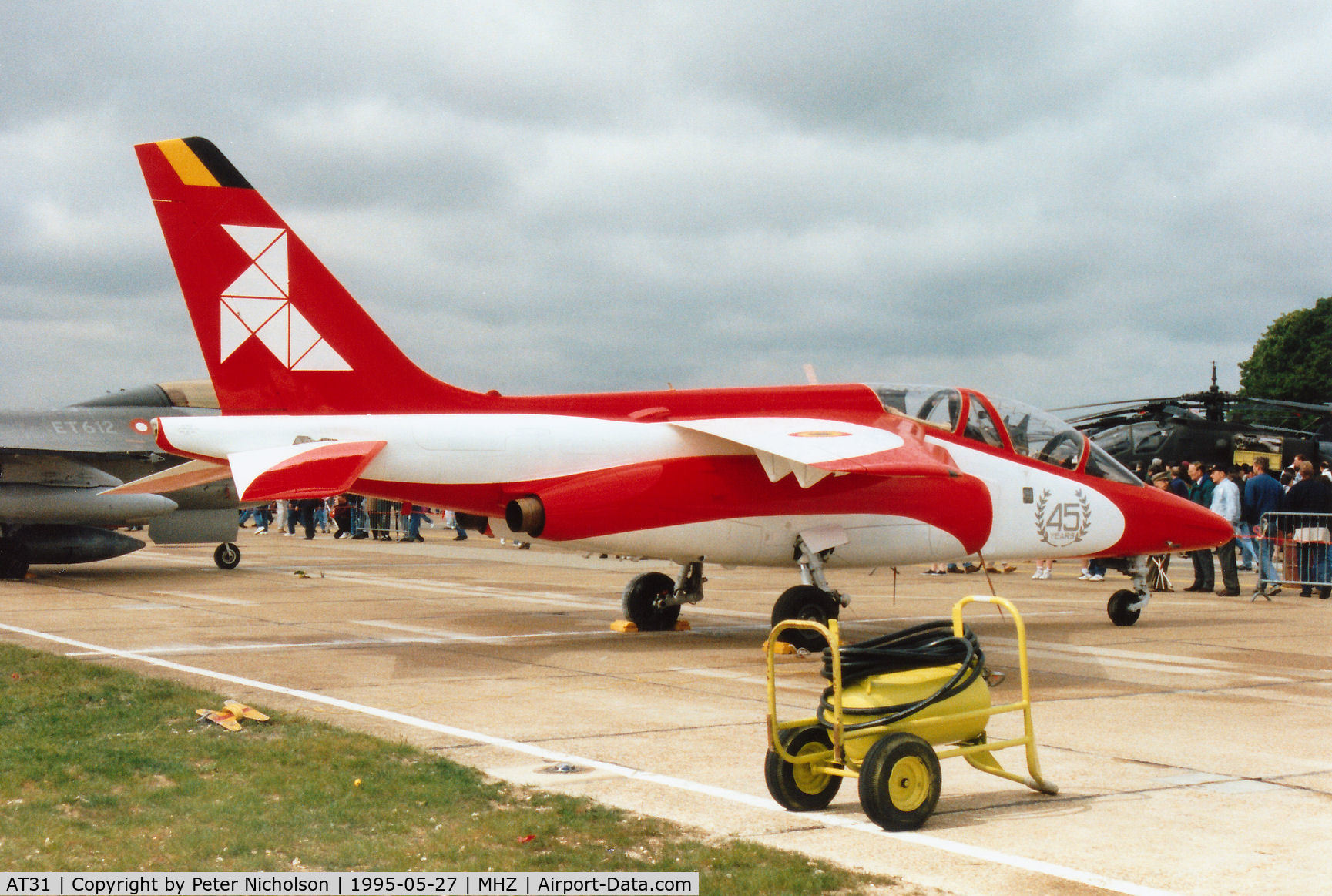 AT31, Dassault-Dornier Alpha Jet 1B C/N B31/1142, Belgian Air Force Alpha Jet in 45th Anniversary markings on display at the 1995 RAF Mildenhall Air Fete.