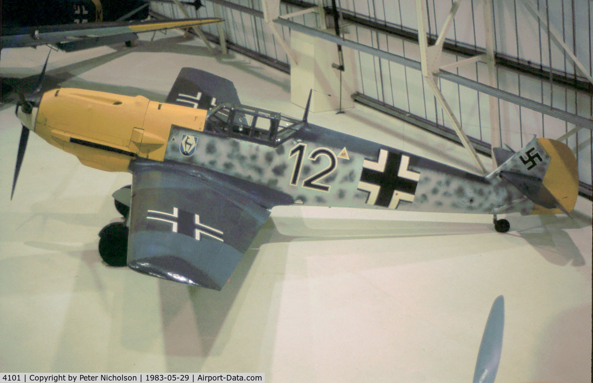 4101, 1940 Messerschmitt Bf-109E-3/B C/N 4101, Bf-109E known as Black 12 on display at the RAF Museum at Hendon as seen in May 1983.