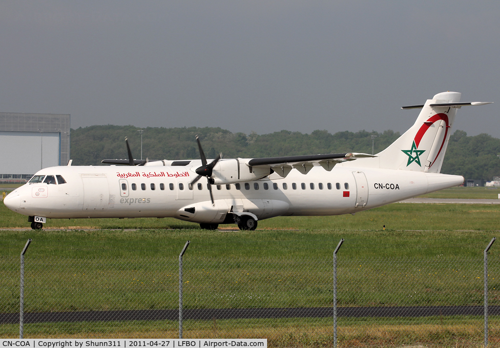 CN-COA, 1995 ATR 72-202 C/N 441, Taxiing holding point rwy 32R for a test flight after overhaul... Arab titles...