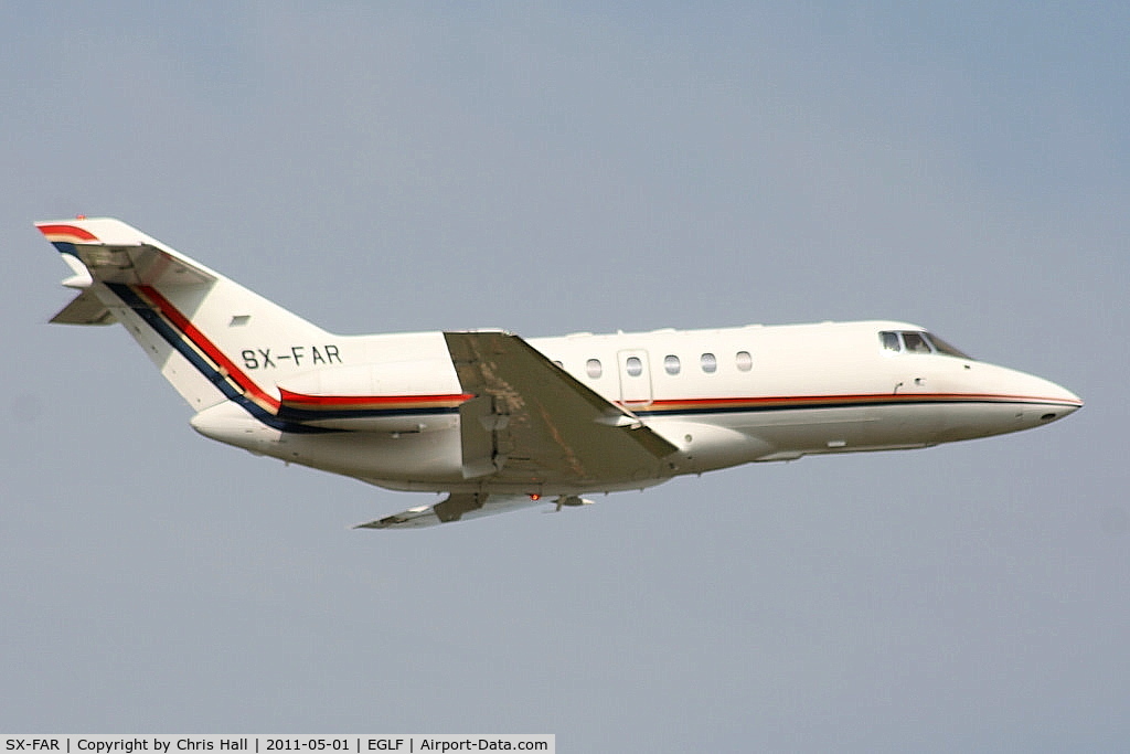 SX-FAR, 2000 Raytheon Hawker 800XP C/N 258495, departing from Farnborough