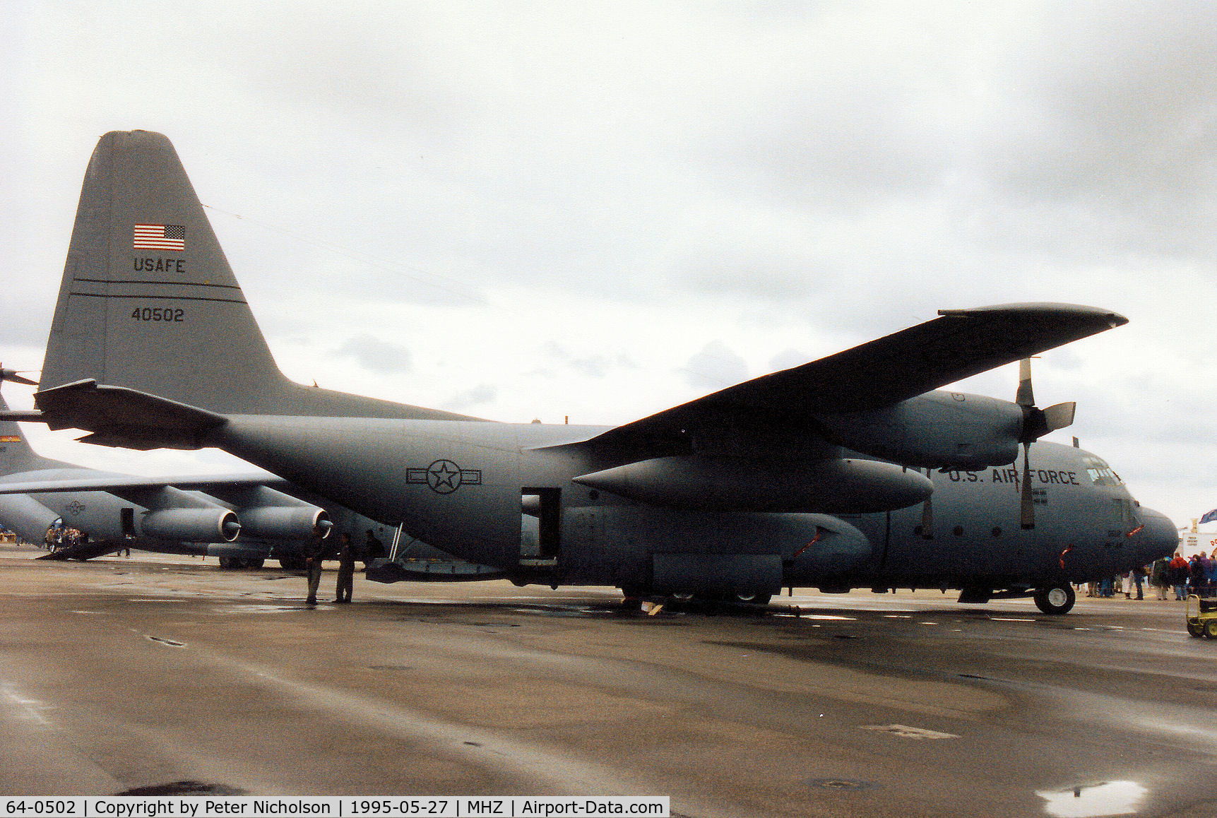 64-0502, 1964 Lockheed C-130E Hercules C/N 382-3986, C-130E Hercules, callsign Herky 03, of 37th Airlift Squadron based at Ramstein on display at the 1995 RAF Mildenhall Air Fete.