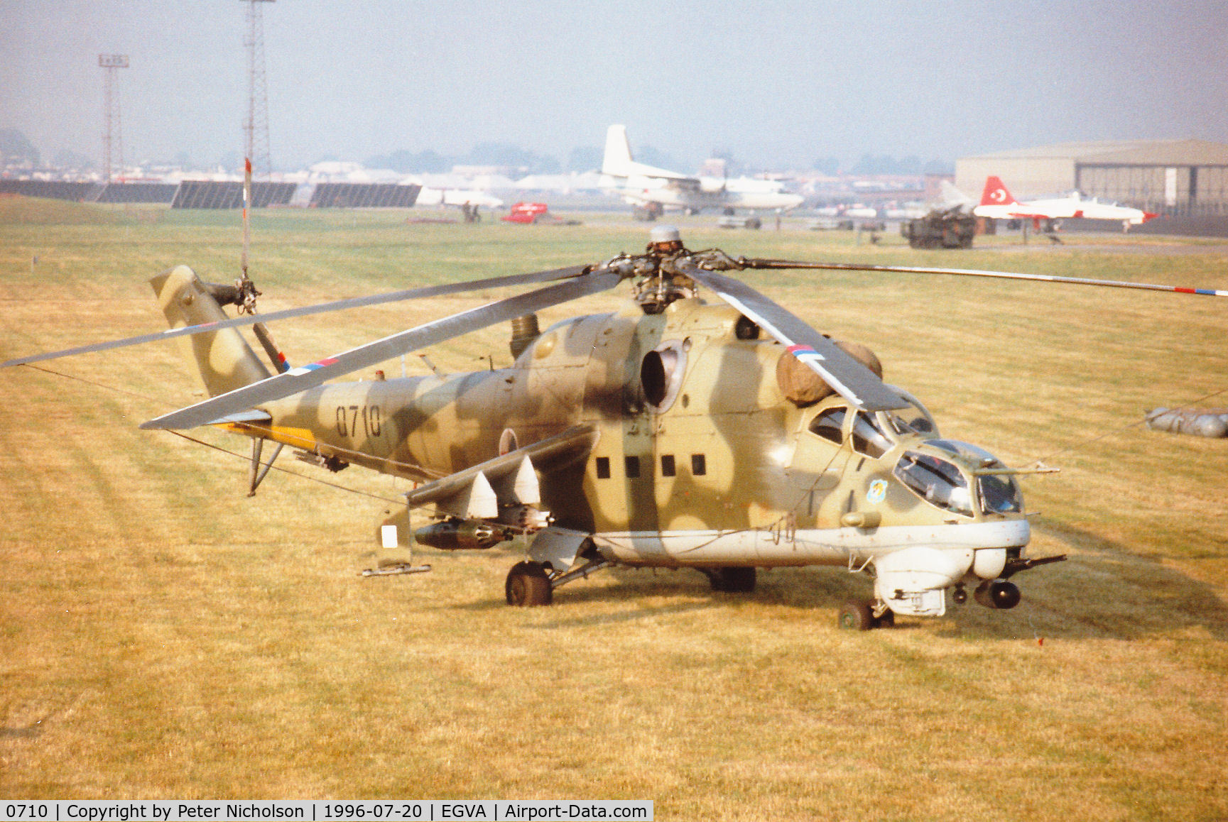 0710, Mil Mi-24V Hind E C/N 730710, Hind E helicopter gunship of 331 Squadron Czech Air Force at the 1996 Royal Intnl Air Tattoo at RAF Fairford.