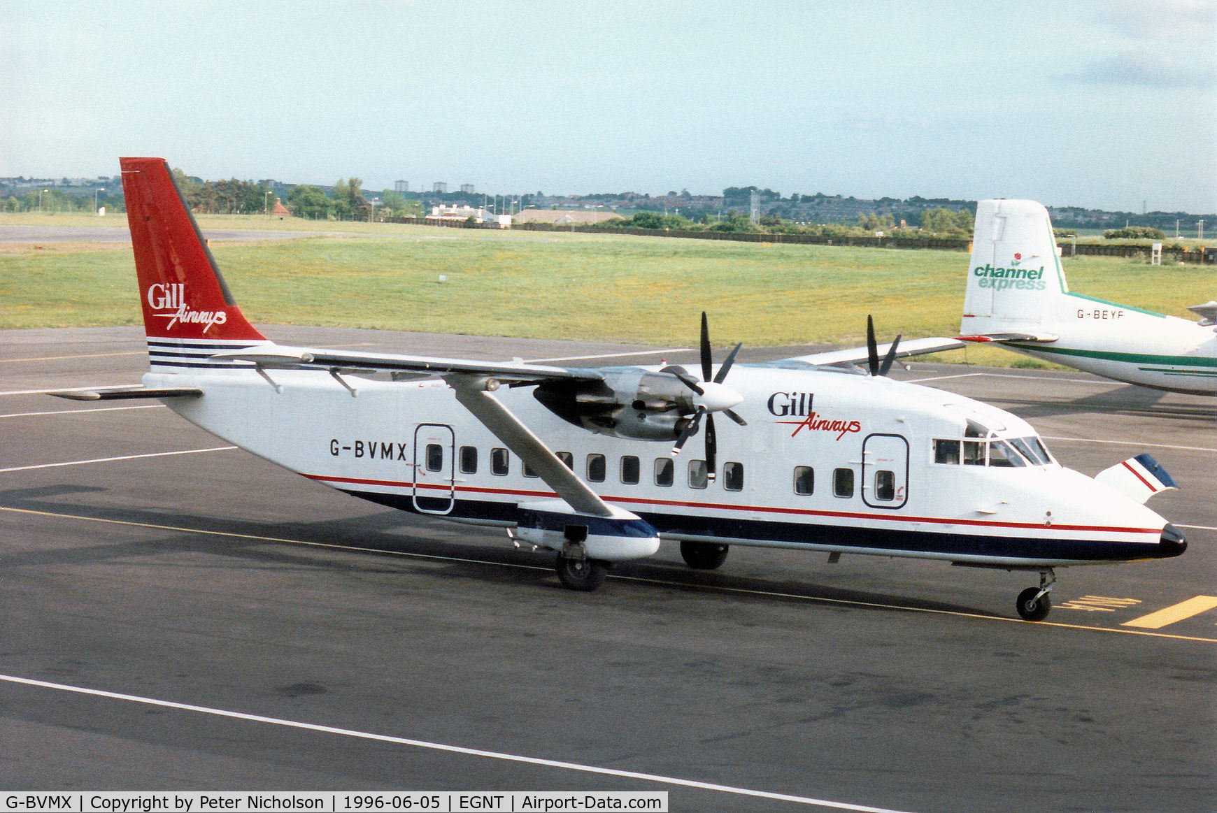 G-BVMX, 1988 Short SD3-60-200 C/N SH.3751, Shorts 360 of Gill Airways at Newcastle in the Summer of 1996.