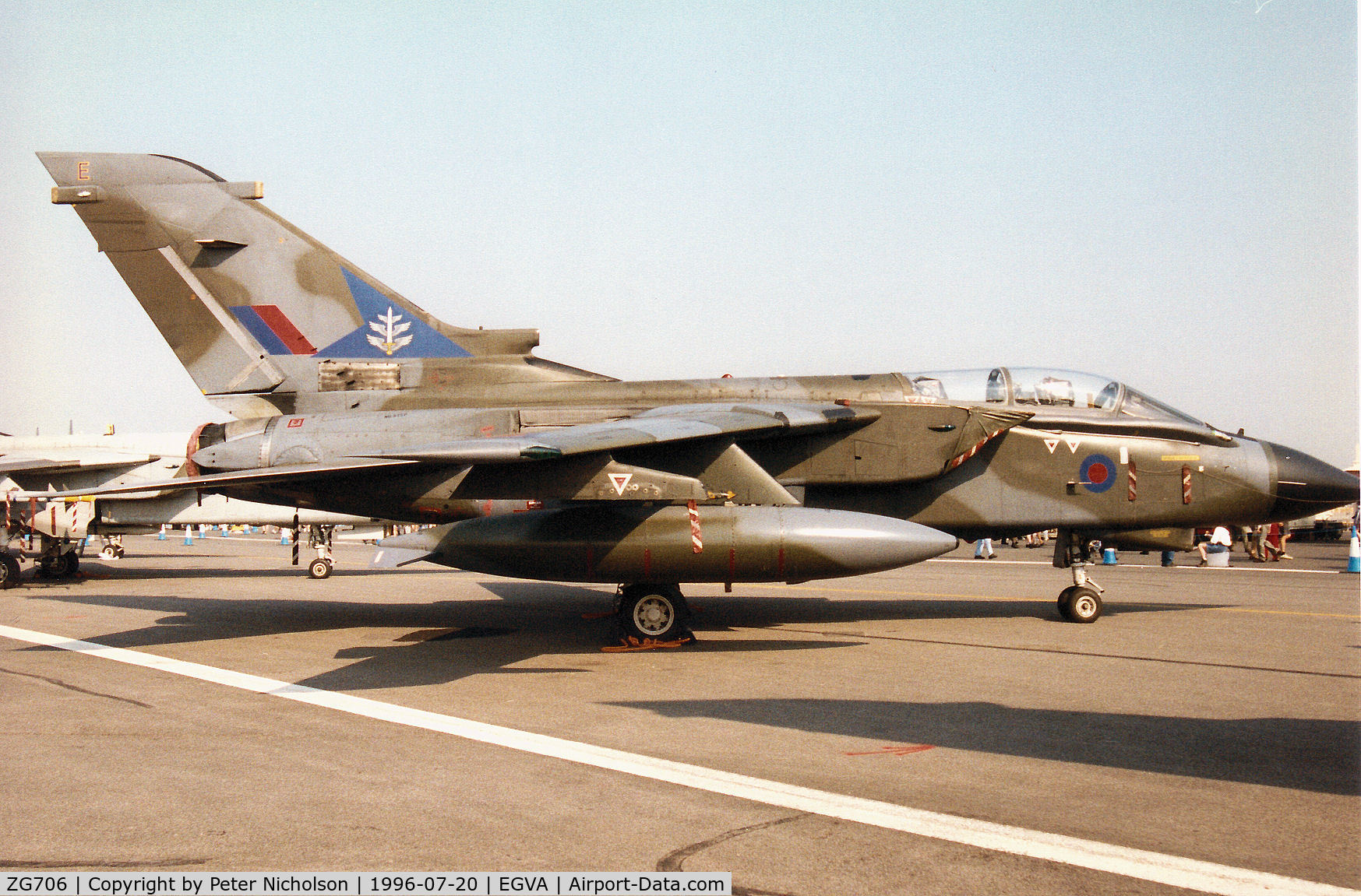 ZG706, 1989 Panavia Tornado GR.1A C/N BS173/813/3389, Tornado GR.1A of Boscombe Down's Strike Attack Operational Evaluation Unit [SAOEU] on display at the 1996 Royal Intnl Air Tattoo at RAF Fairford.