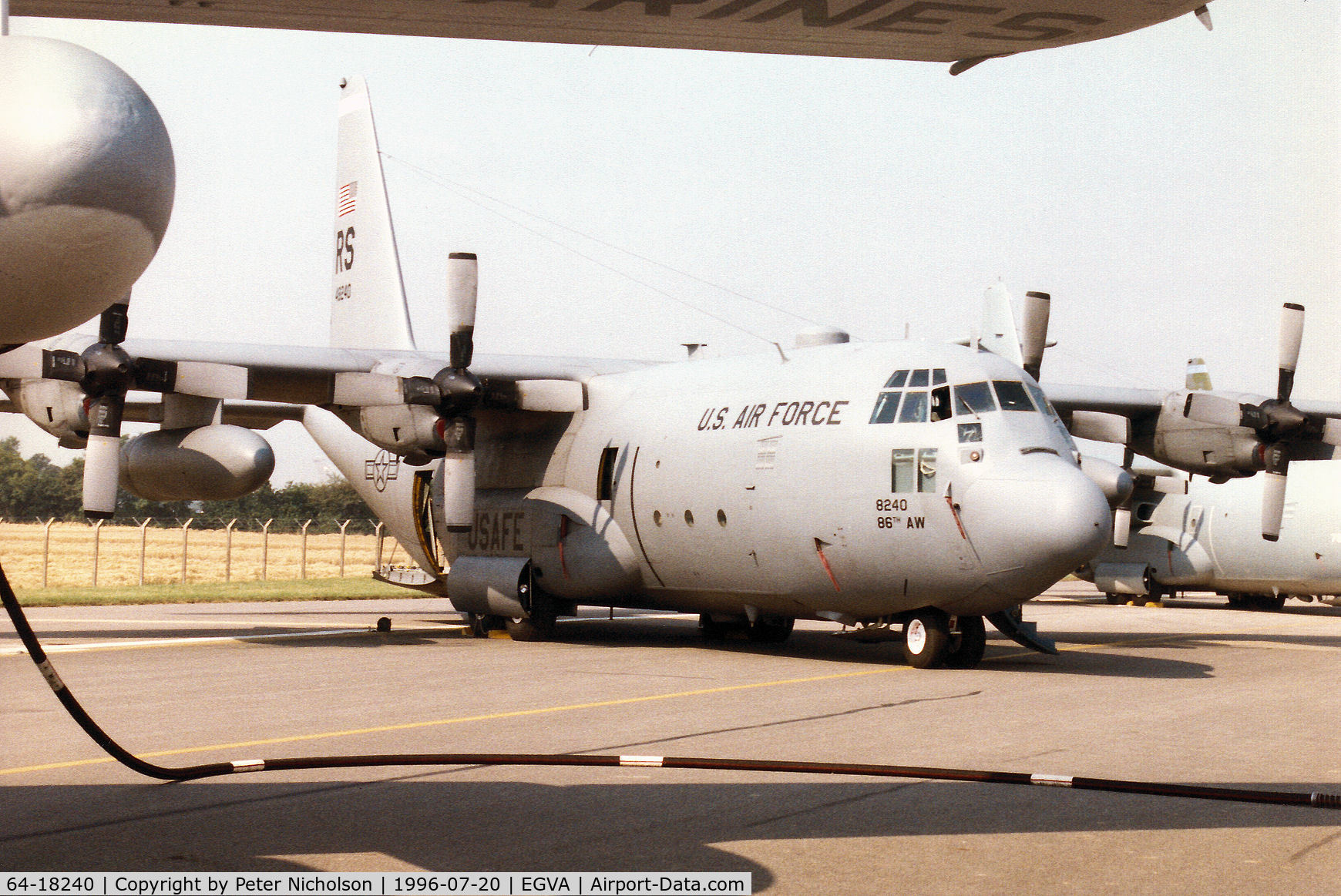 64-18240, Lockheed C-130E Hercules C/N 382-4105, C-130E Hercules of 37th Airlift Squadron/86th Wing based at Ramstein on display at the 1996 Royal Intnl Air Tattoo at RAF Fairford.