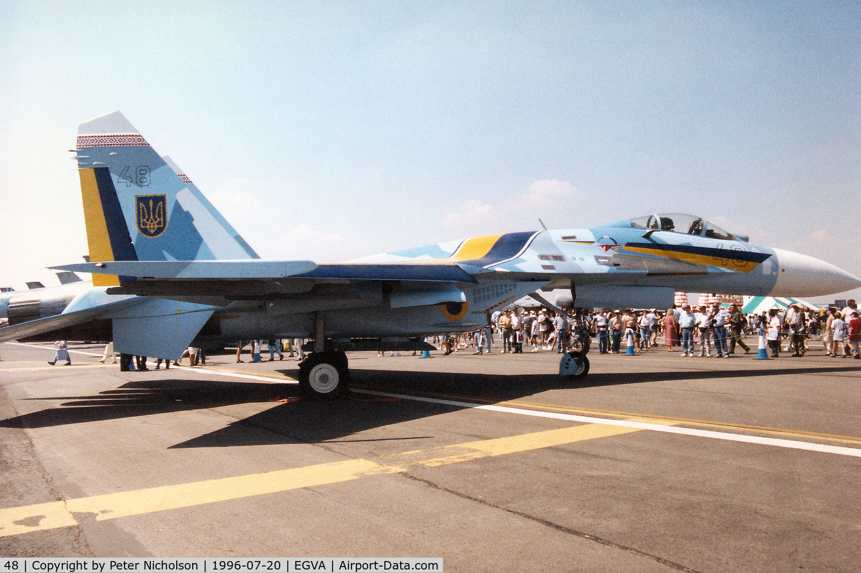 48, Sukhoi Su-27A C/N 36911014411, Another view of the Ukranian Air Force Su-27 Flanker B on display at the 1996 Royal Intnl Air Tattoo at RAF Fairford.
