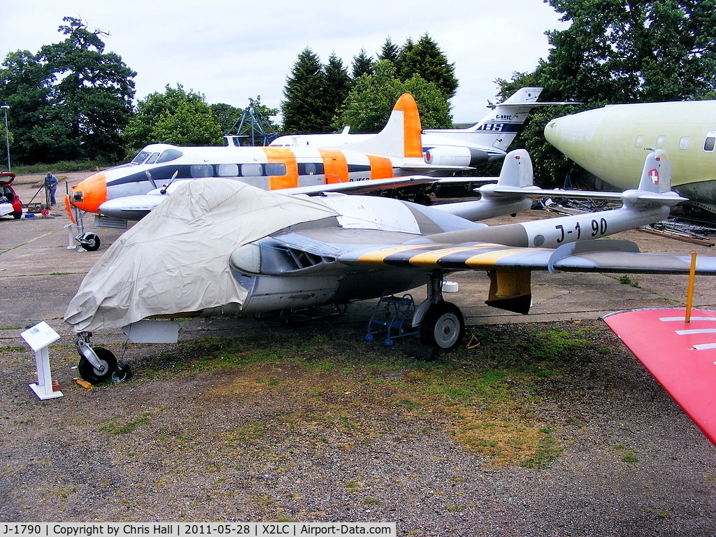 J-1790, 1957 De Havilland (F+W Emmen) DH-112 Venom FB.54 C/N 431, preserved at the de Havilland Aircraft Heritage Centre, London Colney