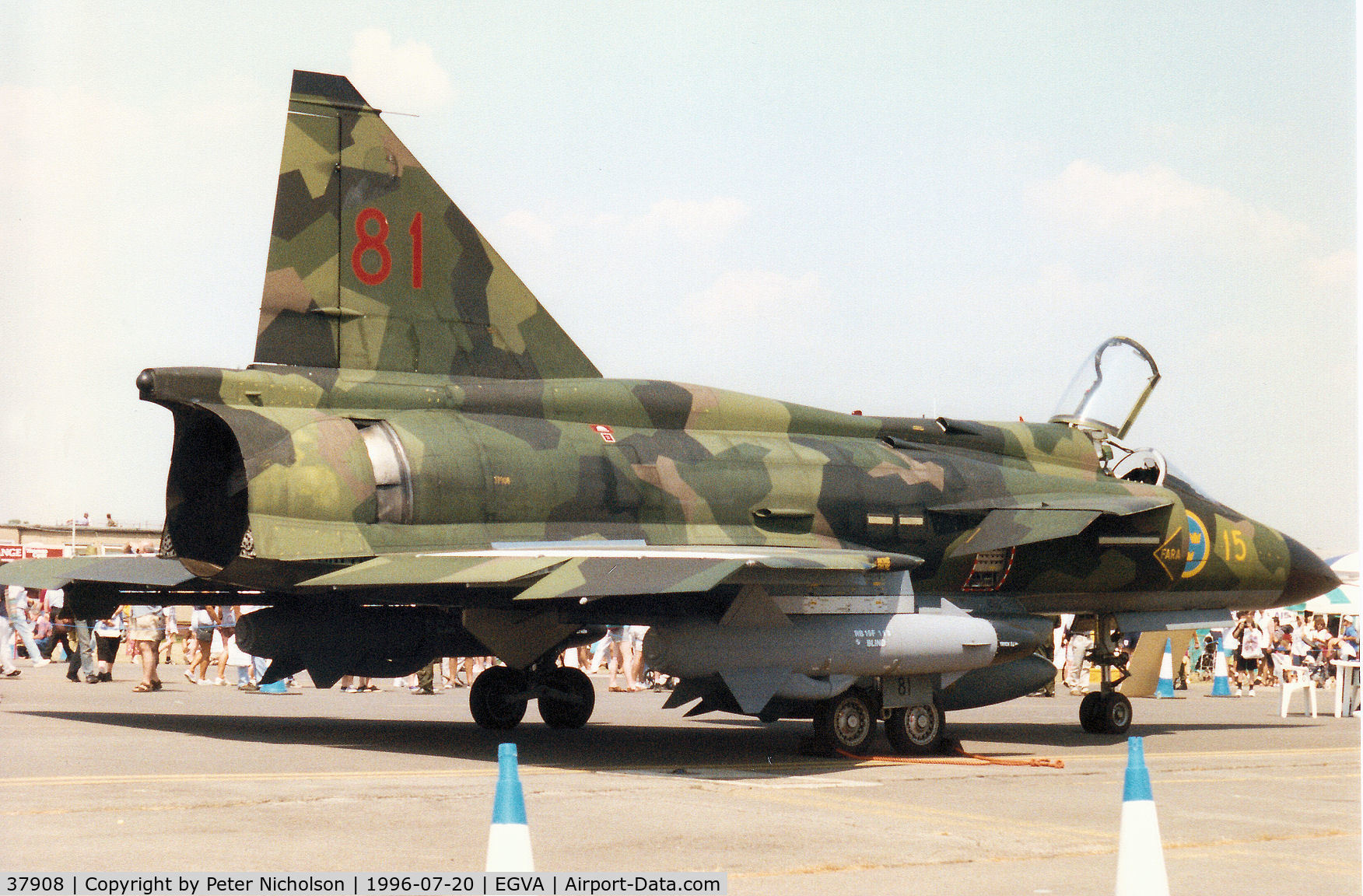 37908, Saab SH 37 Viggen C/N 37908, Another view of the F15 Wing SH 37 Viggen of the Royal Swedish Air Force on display at the 1996 Royal Intnl Air Tattoo at RAF Fairford.
