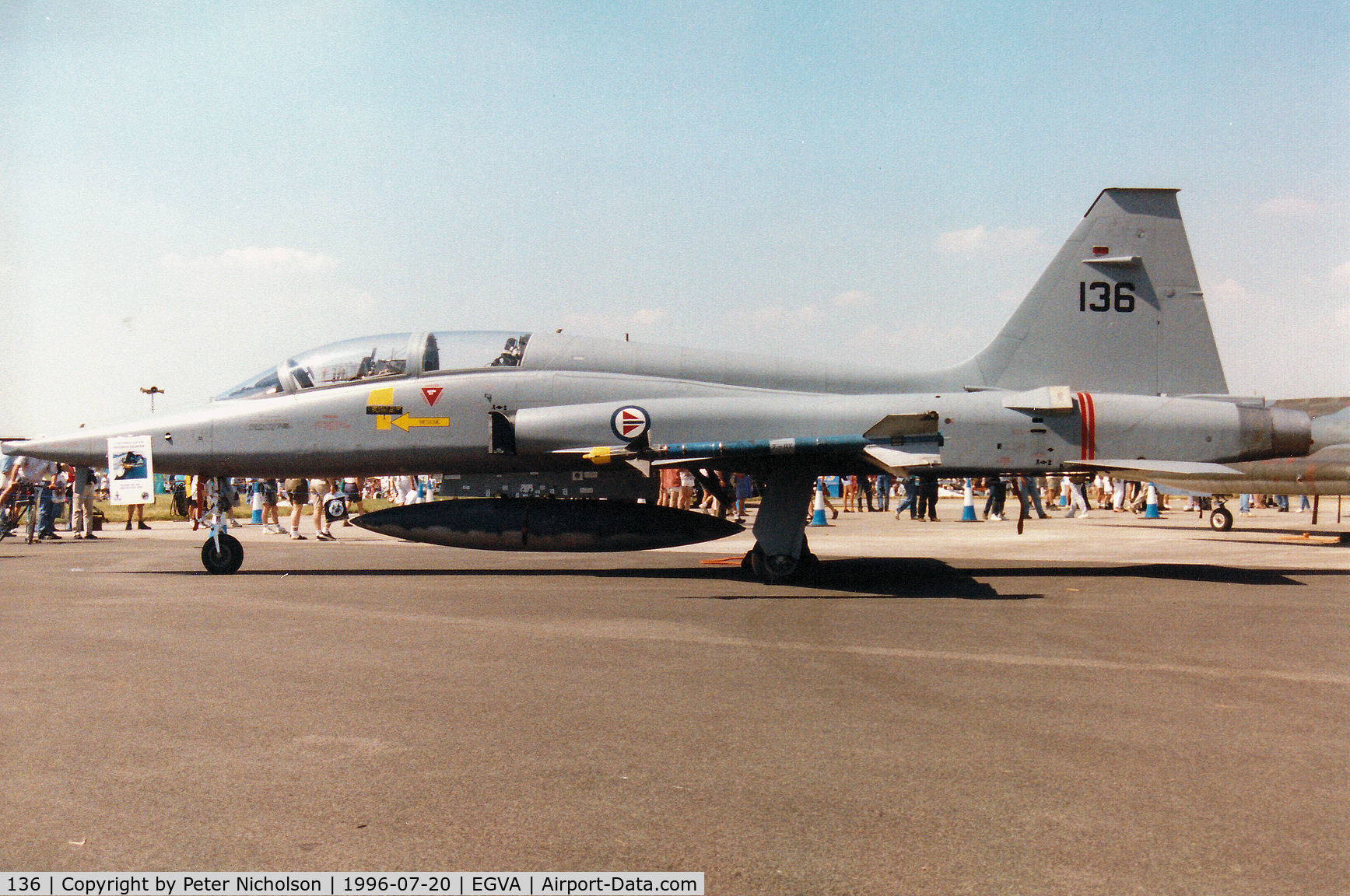 136, 1969 Northrop F-5B Freedom Fighter C/N N.9014, F-5B Freedom Fighter of 336 Skv Royal Norwegian Air Force on display at the 1996 Royal Intnl Air Tattoo at RAF Fairford.
