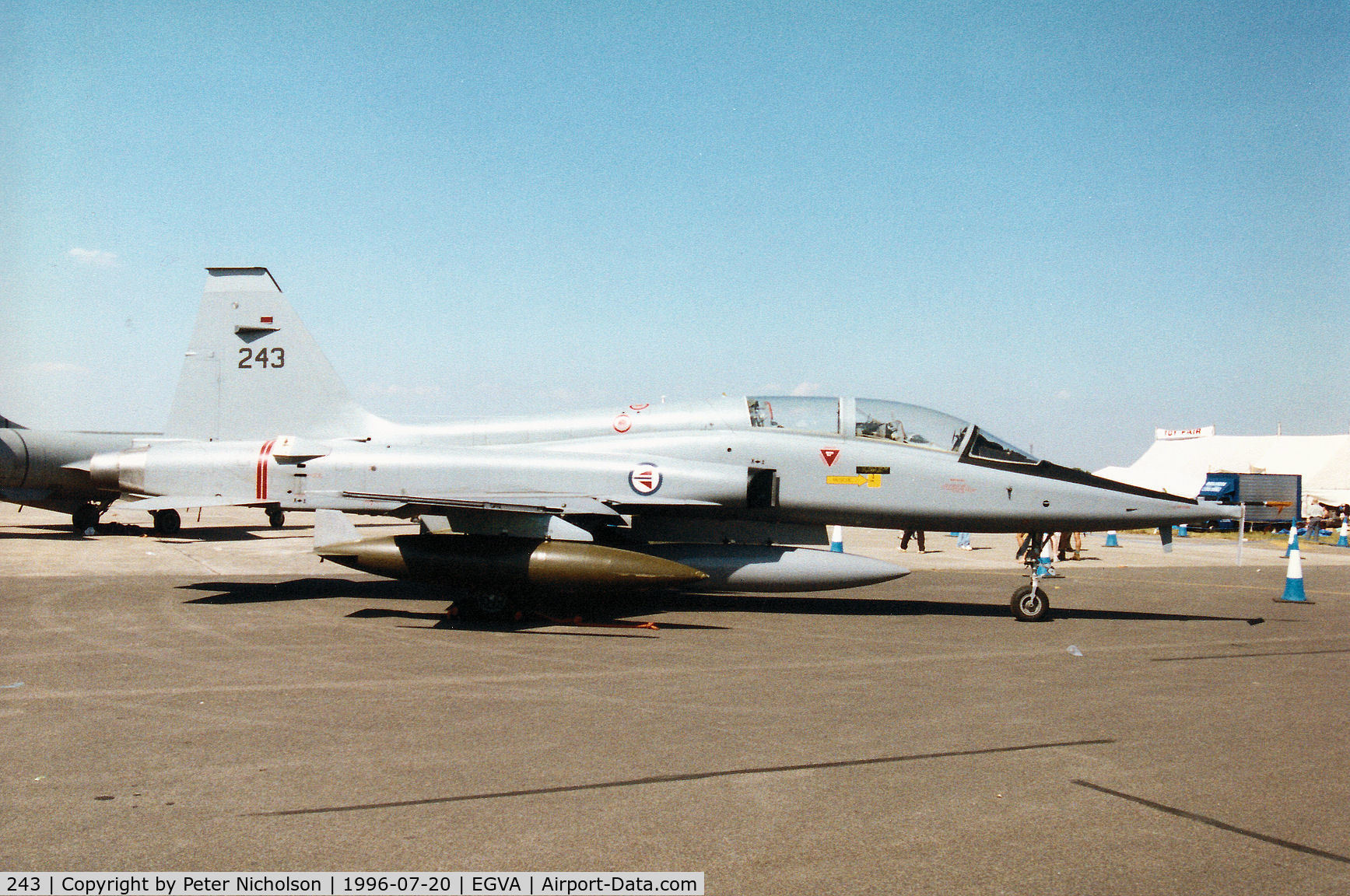 243, 1966 Northrop F-5B Freedom Fighter C/N N.9007, F-5B Freedom Fighter of 336 Skv Royal Norwegian Air Force on display at the 1996 Royal Intnl Air Tattoo at RAF Fairford.