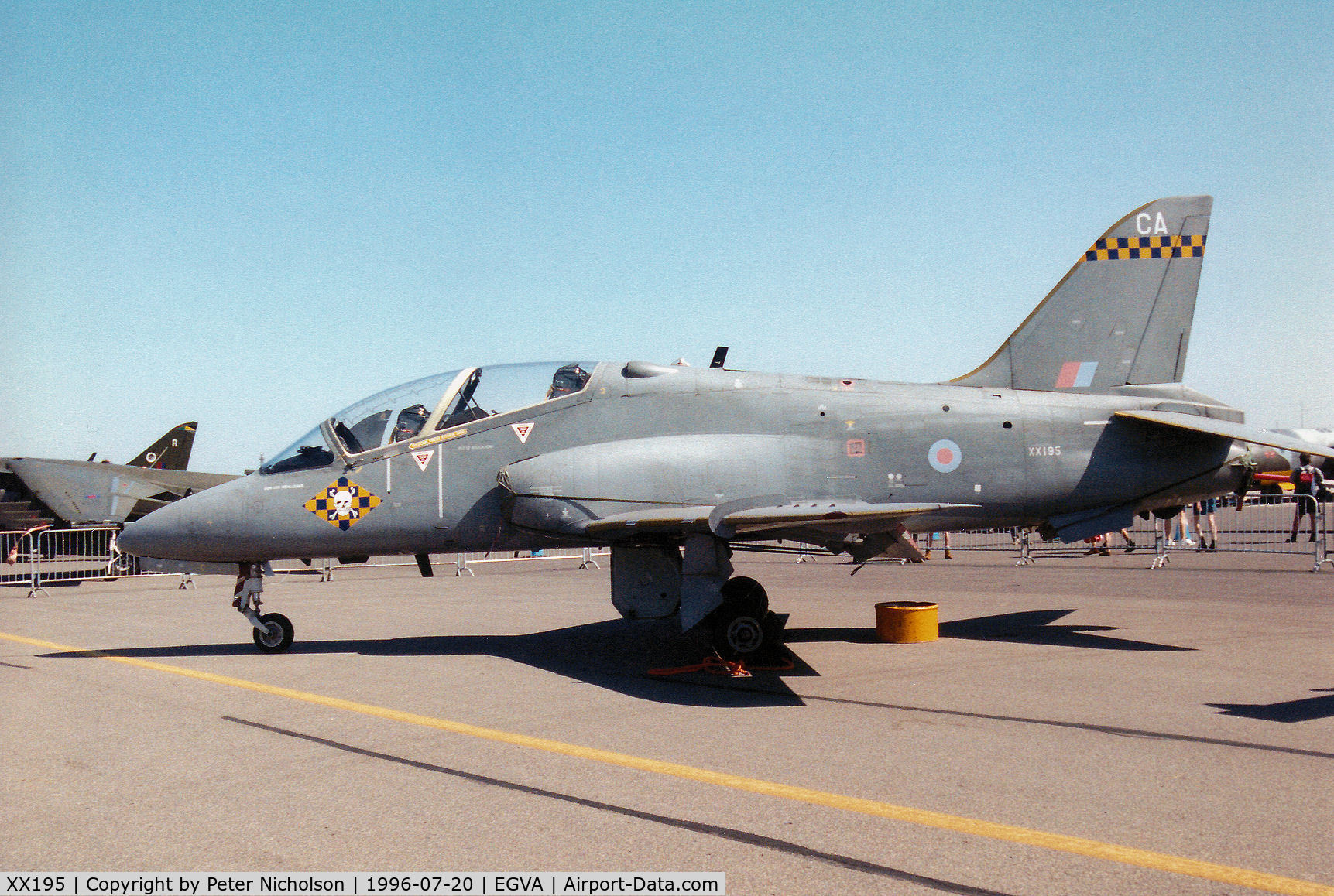 XX195, 1978 Hawker Siddeley Hawk T.1 C/N 042/312042, Hawk T.1A of 100 Squadron at RAF Leeming on display at the 1996 Royal Intnl Air Tattoo at RAF Fairford.