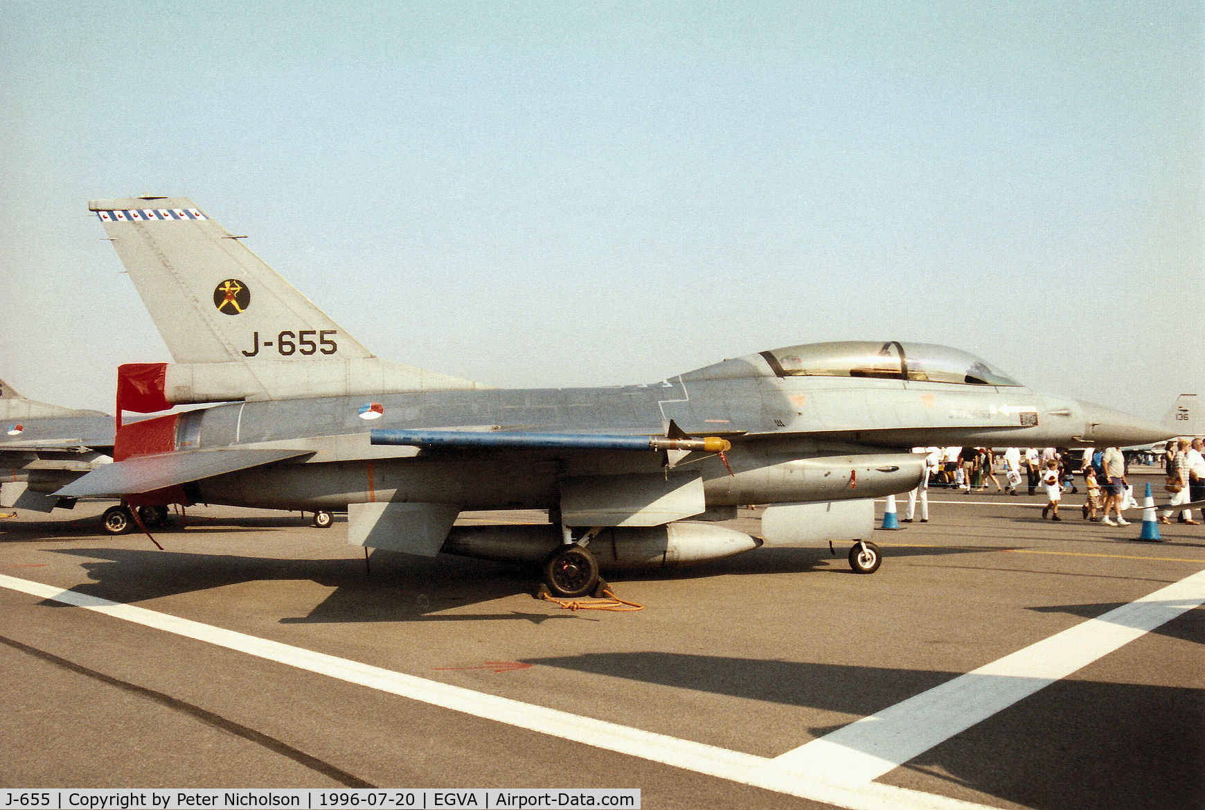 J-655, Fokker F-16B Fighting Falcon C/N 6E-20, F-16B Falcon of 323 Squadron of the Royal Netherlands Air Force at Leeuwarden on display at the 1996 Royal Intnl Air Tattoo at RAF Fairford.