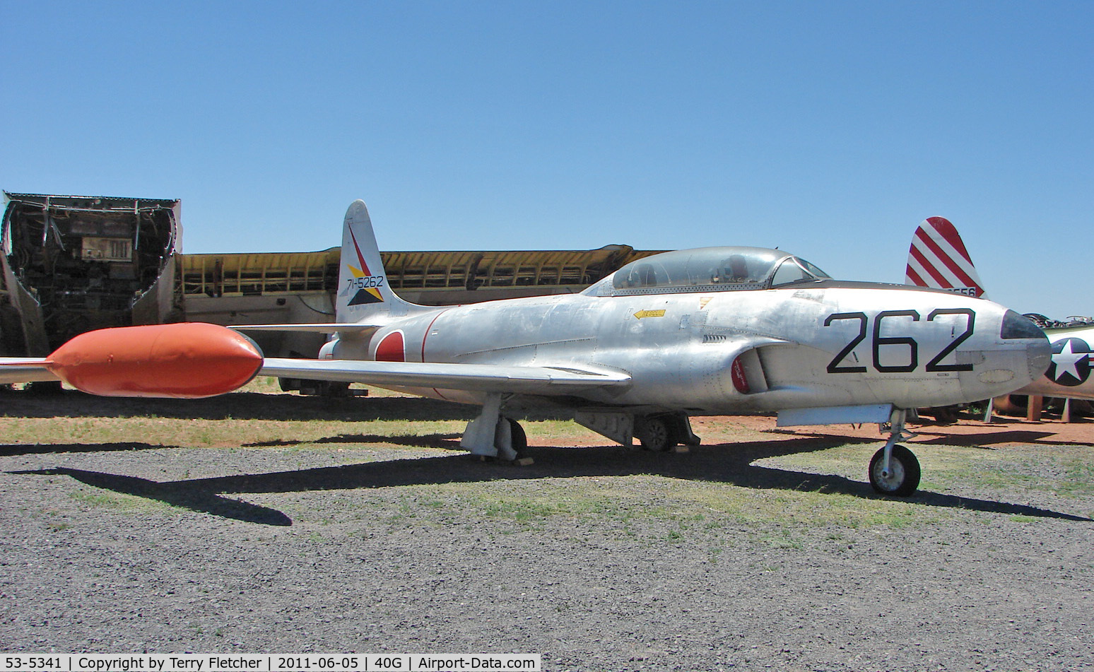 53-5341, 1953 Lockheed T-33A Shooting Star C/N 580-8680, 71-5262 (cn 580-8680) Formerly USAF 53-5341. Now painted in false markings as JASDF 71-5262. The Japan Air Self-Defense Force operated their own T-33s, built locally by Kawasaki. Preserved at Planes of Fame museum at Valle, Arizona
