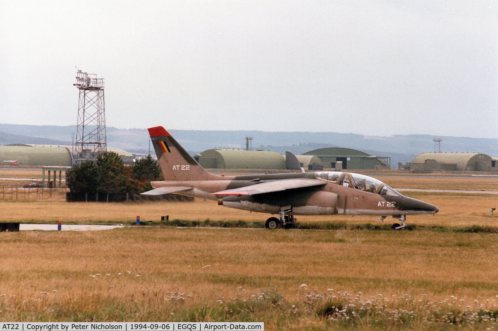 AT22, Dassault-Dornier Alpha Jet 1B C/N B22/1091, Alpha Jet, callsign Belgian Air Force 549 Bravo, of 9 Wing taxying to Runway 23 at RAF Lossiemouth in September 1994.
