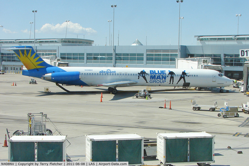 N408NV, 1991 McDonnell Douglas MD-82 (DC-9-82) C/N 53246, Allegiant Air's 1991 Mcdonnell Douglas DC-9-83(MD-83), c/n: 53246 with Blue Man Group titles