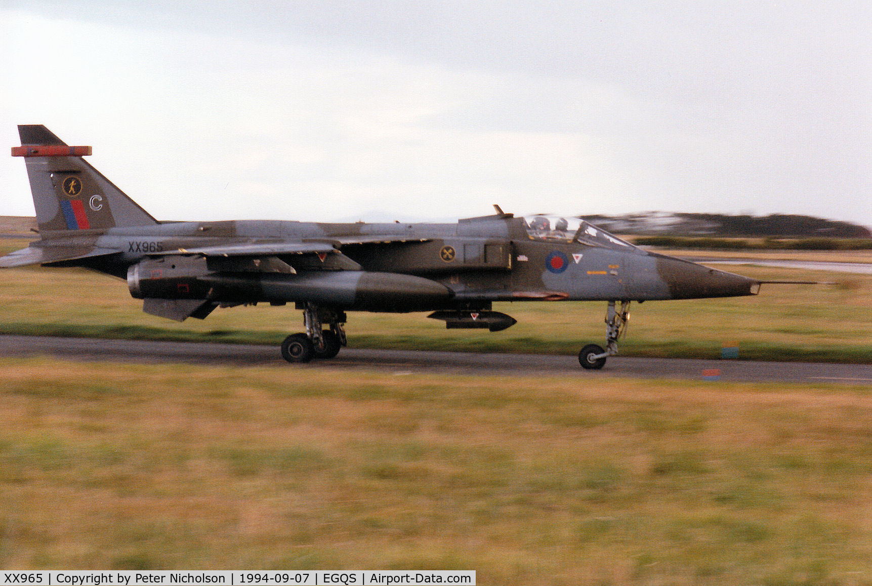 XX965, 1975 Sepecat Jaguar GR.1A C/N S.87, Jaguar GR.1A of 16[Reserve] Squadron taxying to Runway 05 at RAF Lossiemouth in September 1994.