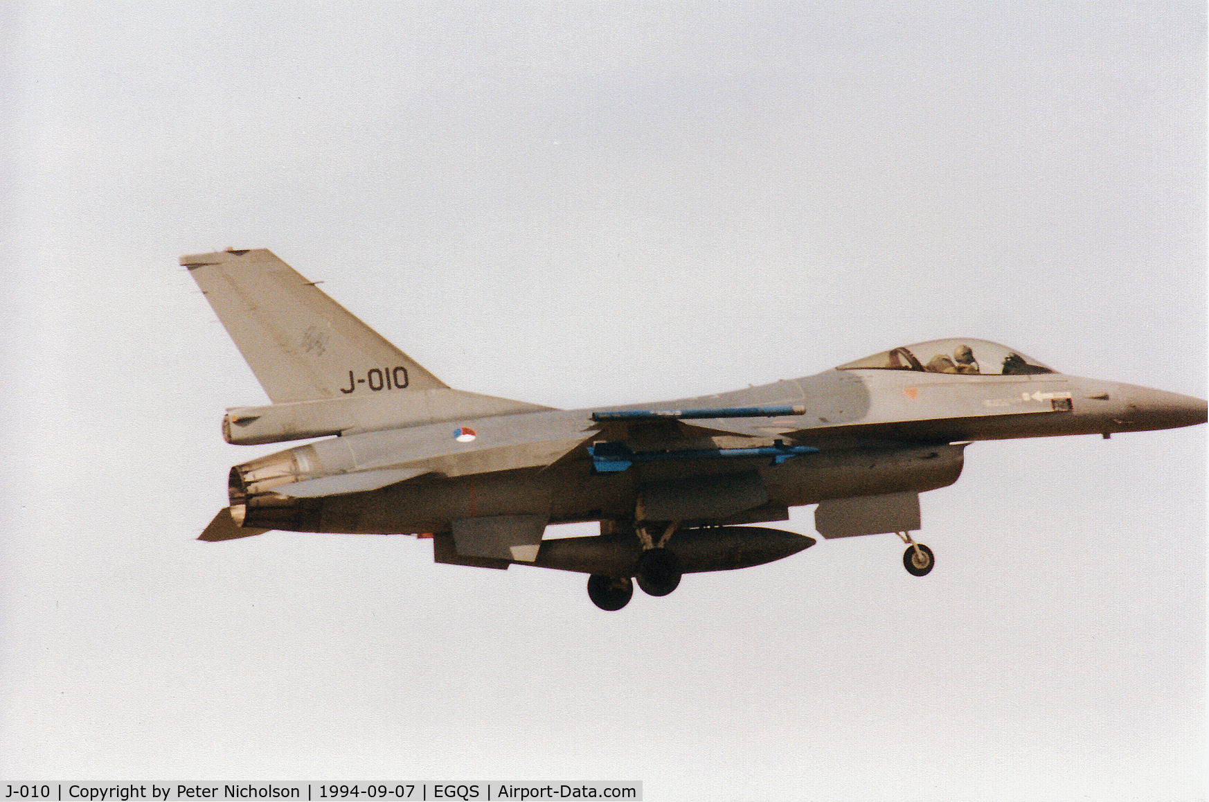 J-010, Fokker F-16A Fighting Falcon C/N 6D-166, F-16A Falcon of 312 Squadron Royal Netherlands Air Force on final approach to RAF Lossiemouth in September 1994.