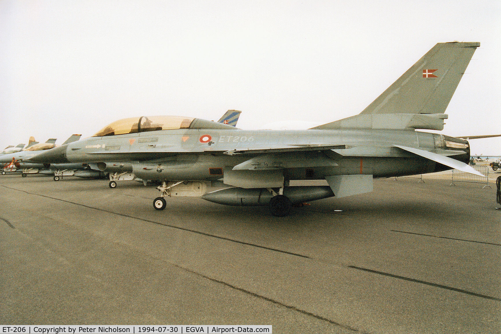 ET-206, General Dynamics F-16B C/N 6G-3, F-16B Falcon of Eskradille 730 of the Royal Danish Air Force at Skrydstrup Air Base on display at the 1994 Intnl Air Tattoo at RAF Fairford.